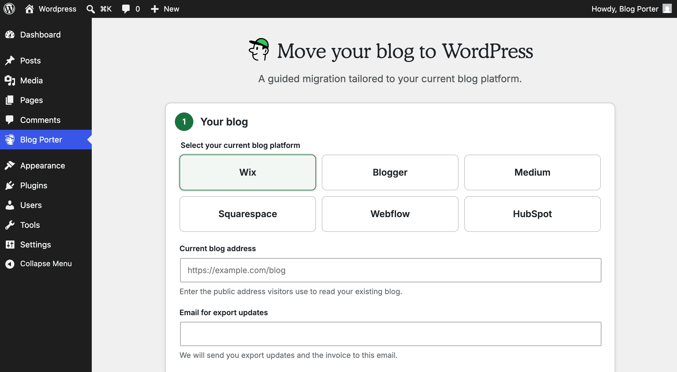 Blog Porter migration screen inside the WordPress dashboard