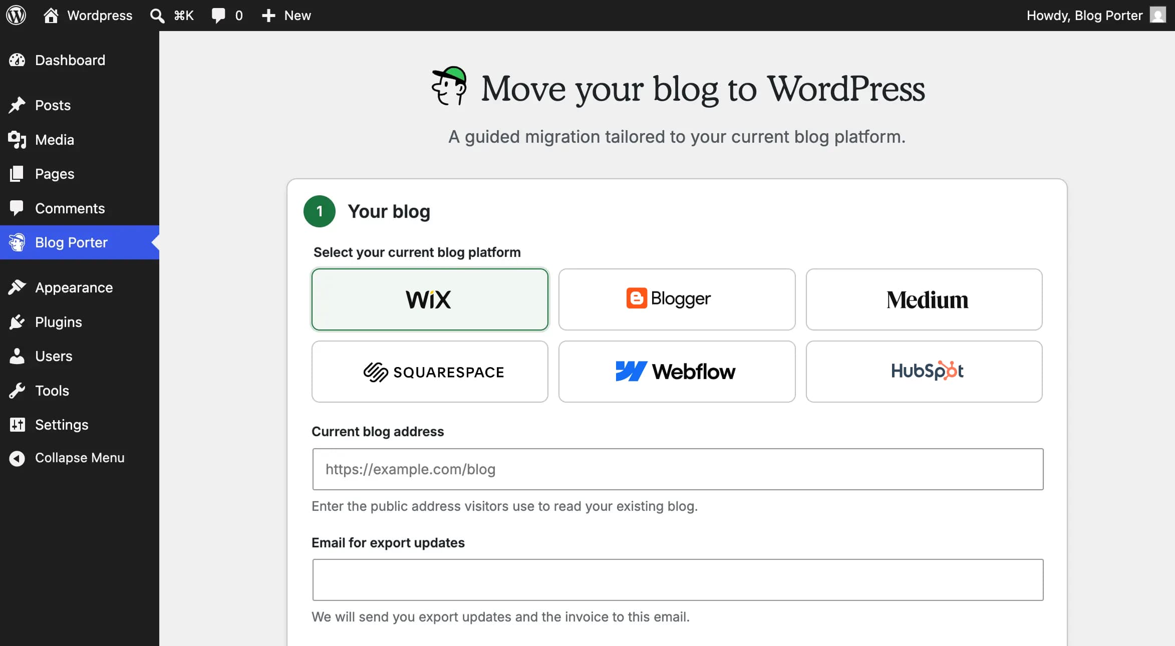 Blog Porter migration screen inside the WordPress dashboard
